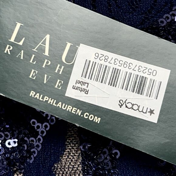 Lauren Ralph Lauren Blue Sequin Cocktail Dress Sheath Long Sleeve Ruched Skirt L - Picture 15 of 16